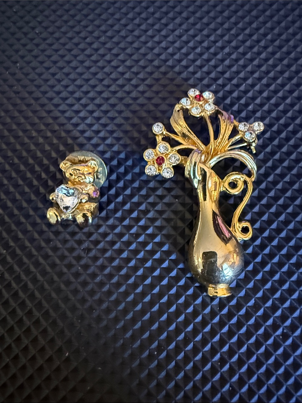 2 Gold Tone Brooches Floral Vase Brooch with Crystal Accents and Bear with Heart